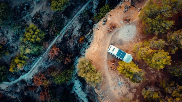 birds eye view of a campervan at a cliff