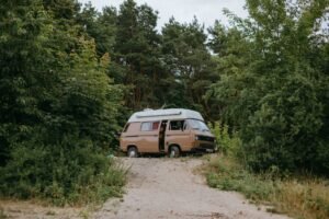 a campervan in a forest